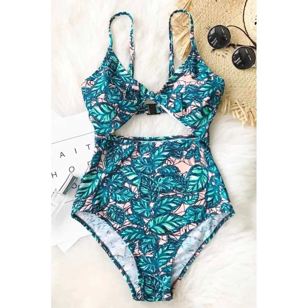 Cupshe Tropical Leaf Print Cutout One Piece Swimsuit Green Peach‎ Floral M